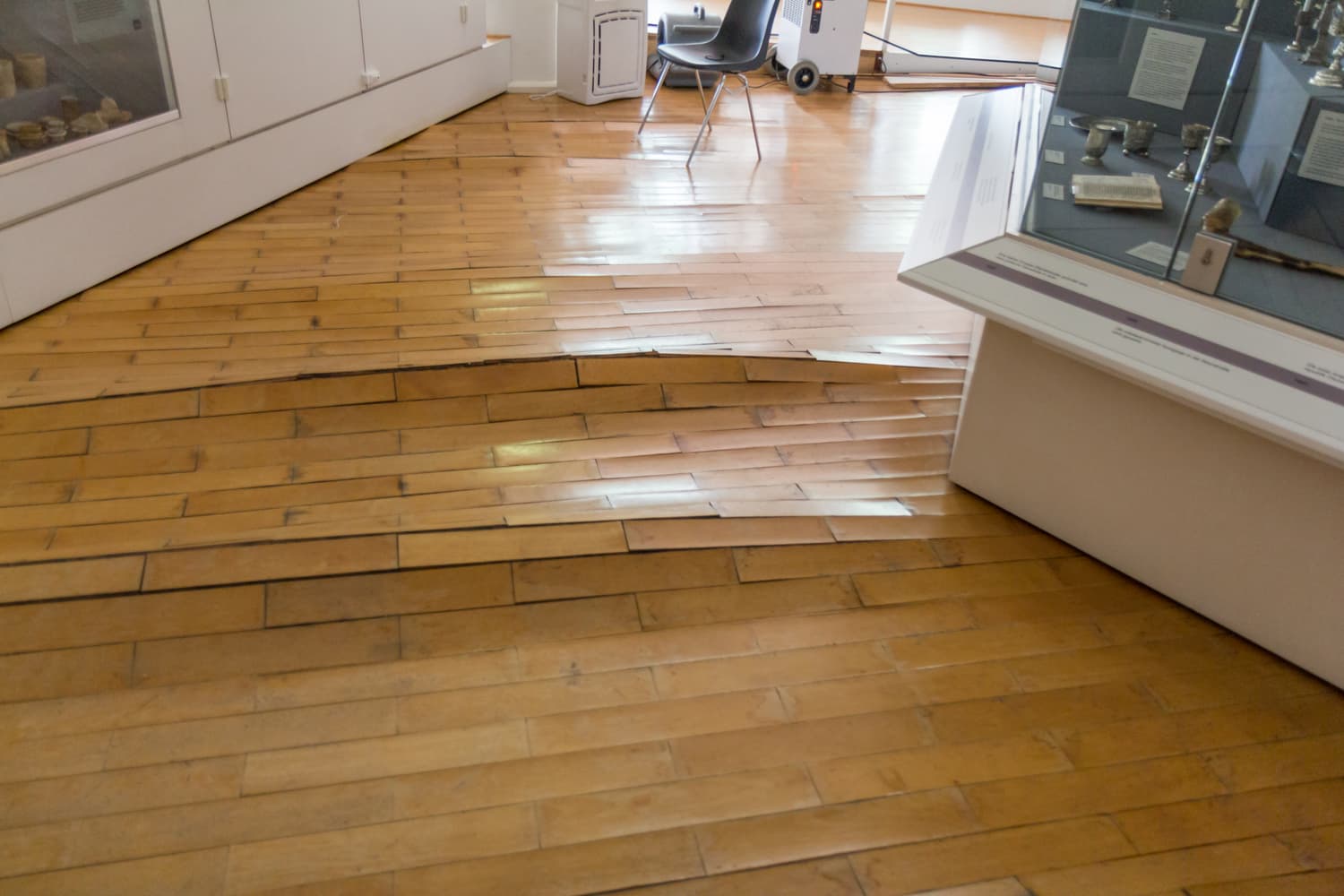 A hardwood floor cupping and buckling from water damage, with a dehumidifier running in the background to dry it out