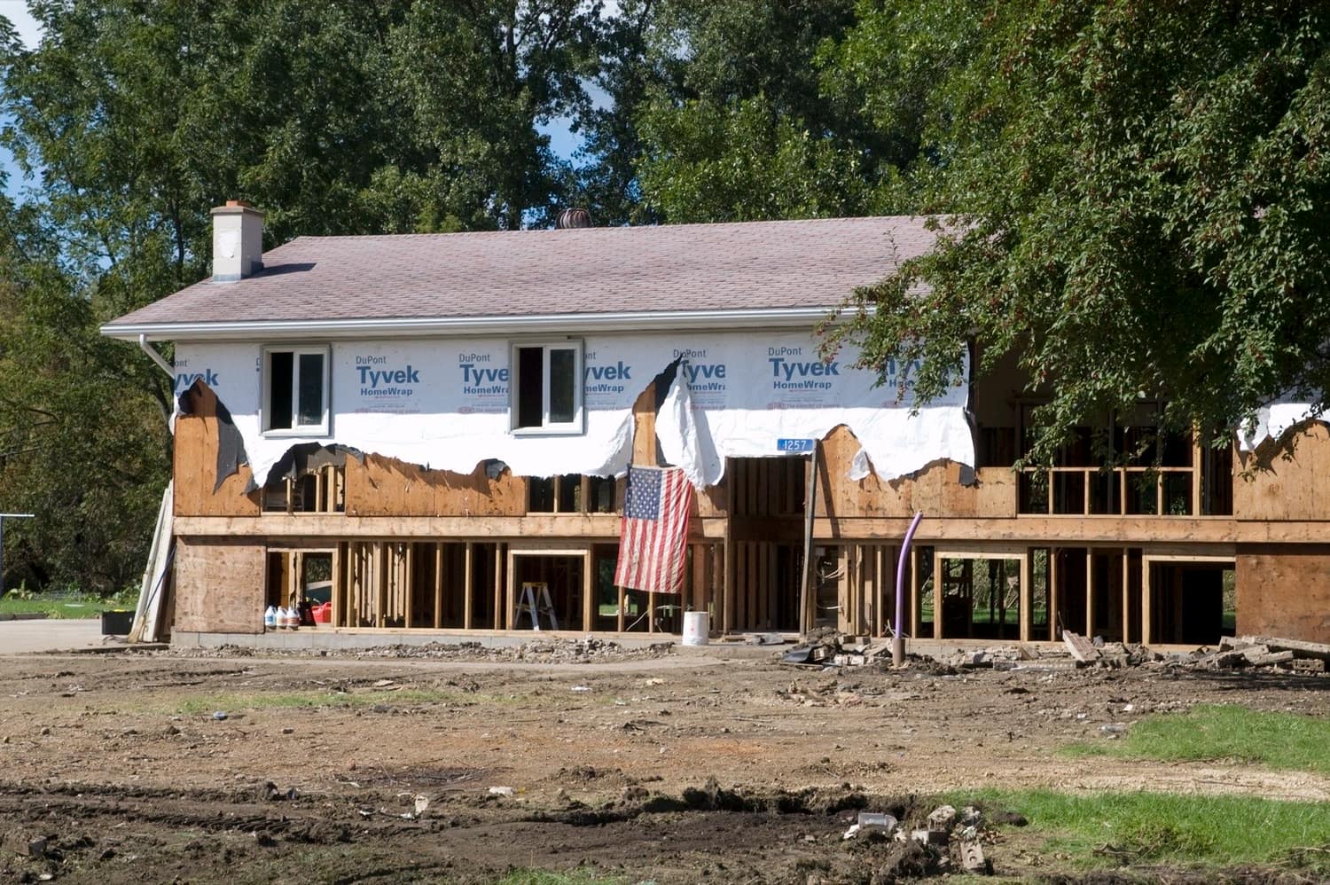 A flood-damaged home condemned after floodwaters eroded the soil under its foundation in Minnesota City, Minnesota