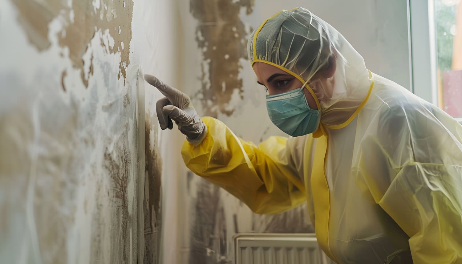 A mold inspection of a damp interior surface showing the kind of hidden mold that causes a musty smell after water damage